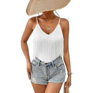 Womens White Fringe Tank Top Western Festival Tassel V Neck Concert Outfits